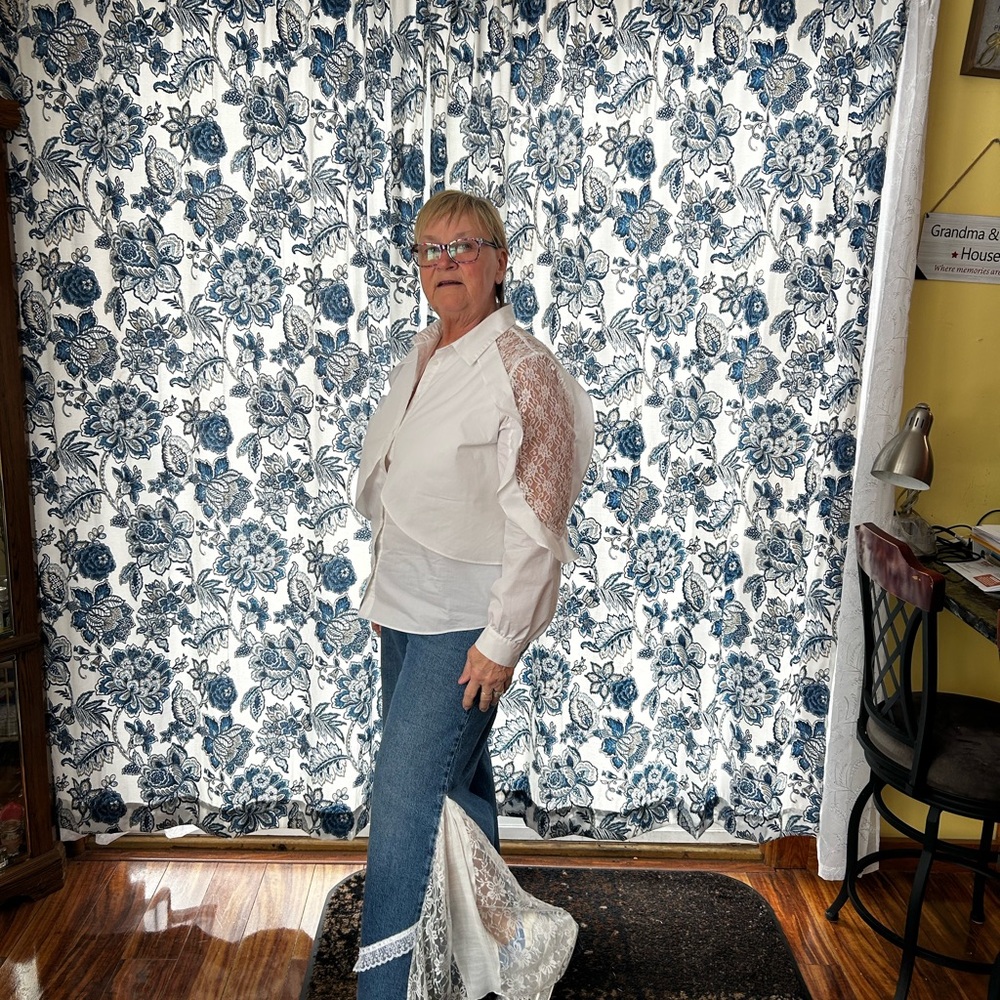 Wide-Leg Flare Jeans in Medium Blue with Lace Inset